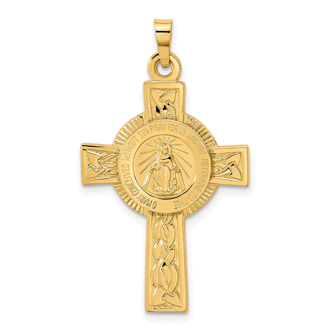 14K Yellow Gold Polished Cross with Miraculous Medal Center Pendant