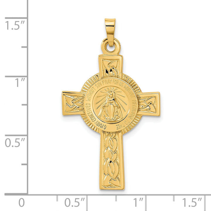 14K Yellow Gold Polished Cross with Miraculous Medal Center Pendant