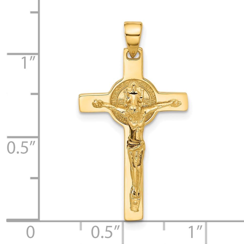 14K Yellow Gold Polished Crucifix and St Benedict Pendant, view 4 of 4