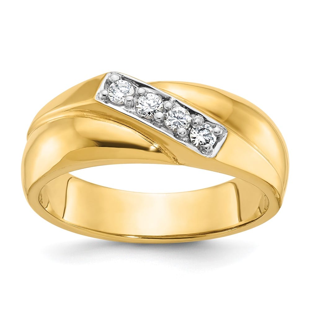 14k Yellow Gold Polished Curved 4-Stone I1 Quality Diamond Men's Ring