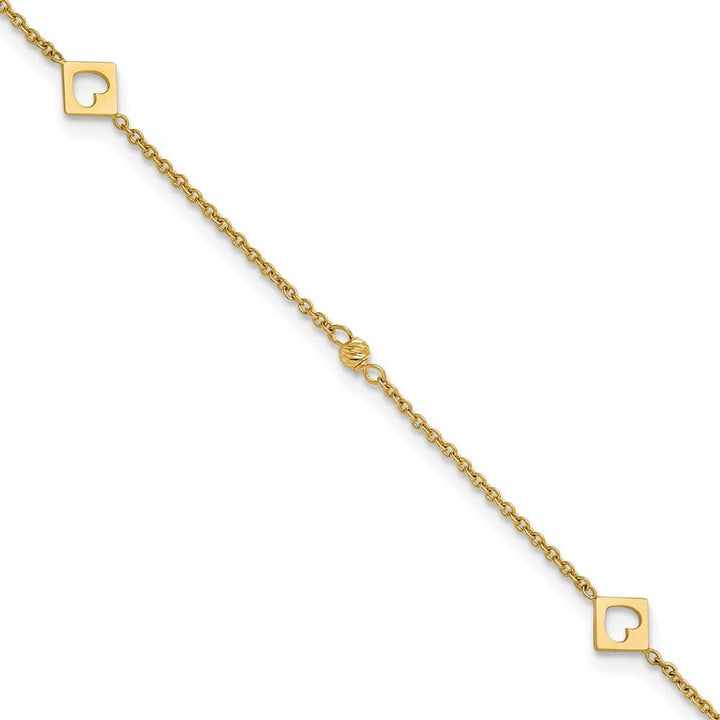 14K Yellow Gold Polished Cut-out Hearts and D.C. Beads Anklet — solid 14K yellow gold, 9 inches long, 1 inch extension, 0.9 mm wide, lobster clasp, 2.05 g