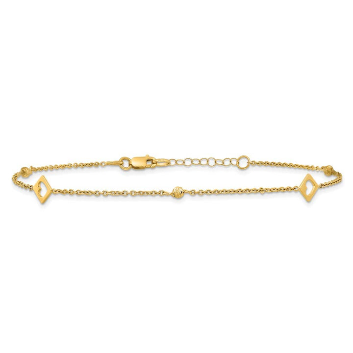 14K Yellow Gold Polished Cut-out Hearts and D.C. Beads Anklet