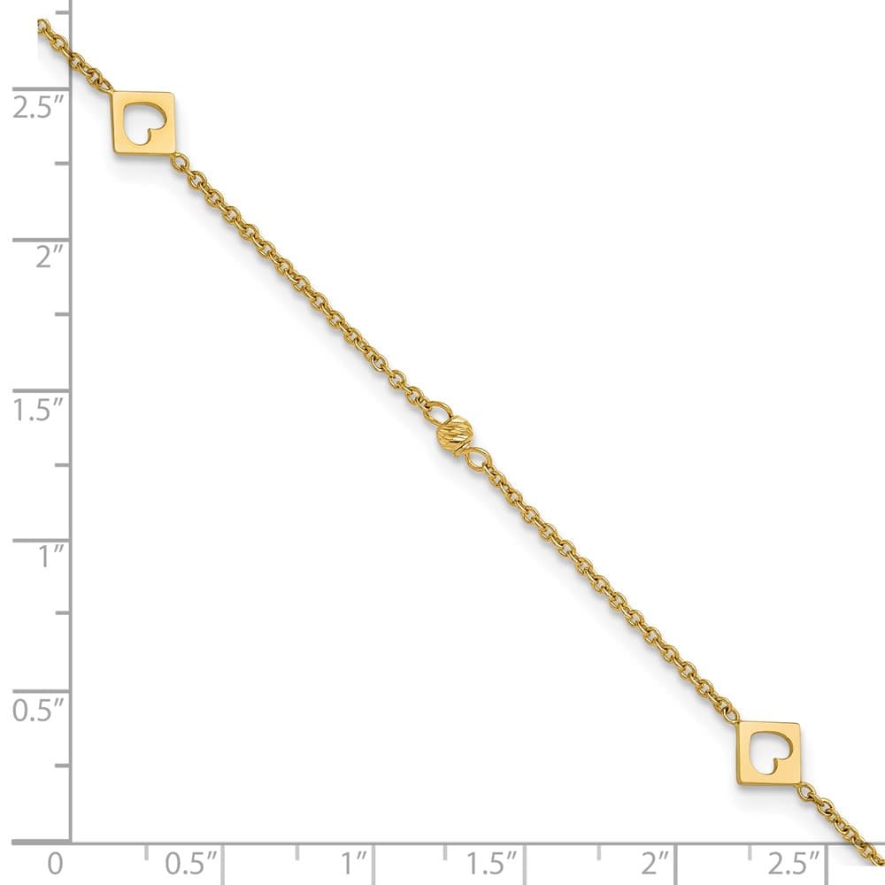 14K Yellow Gold Polished Cut-out Hearts and D.C. Beads Anklet