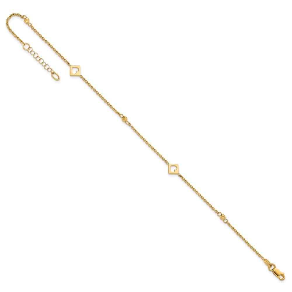 14K Yellow Gold Polished Cut-out Hearts and D.C. Beads Anklet