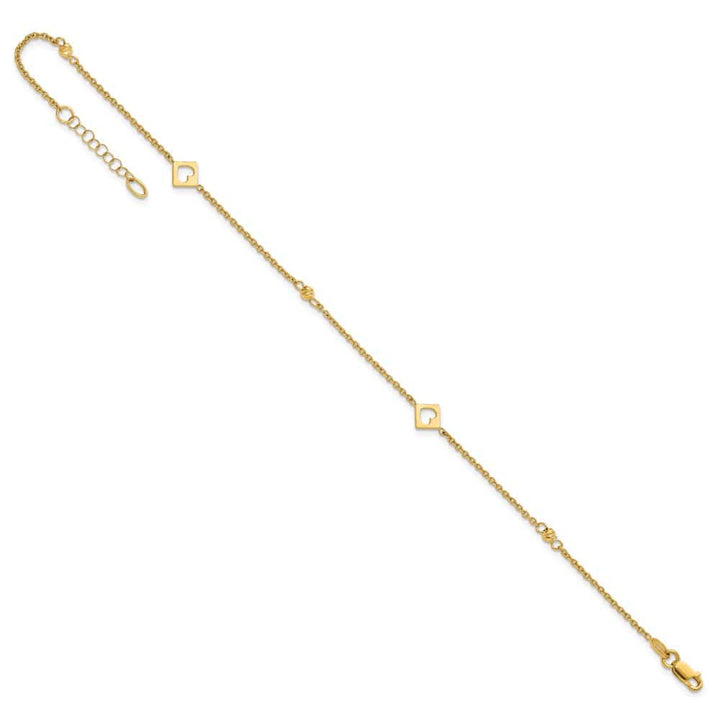 14K Yellow Gold Polished Cut-out Hearts and D.C. Beads Anklet