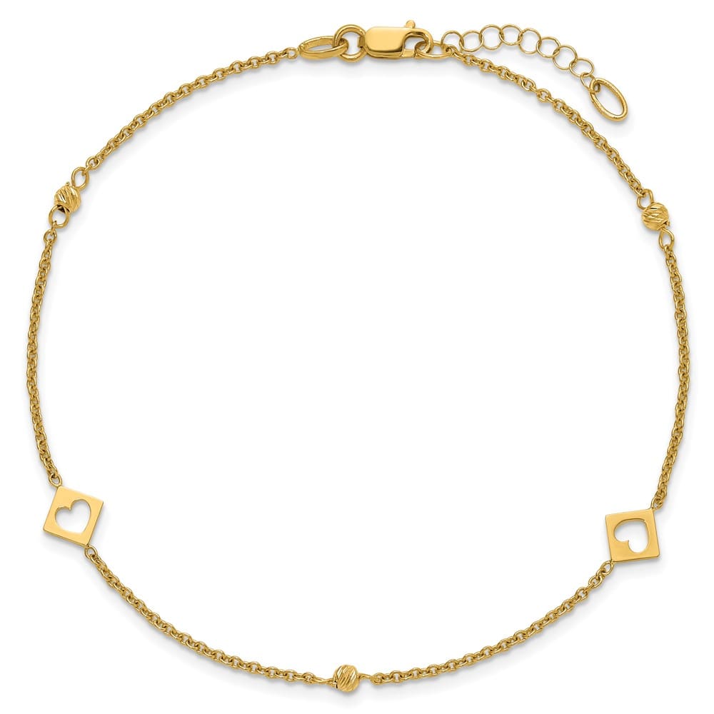 14K Yellow Gold Polished Cut-out Hearts and D.C. Beads Anklet