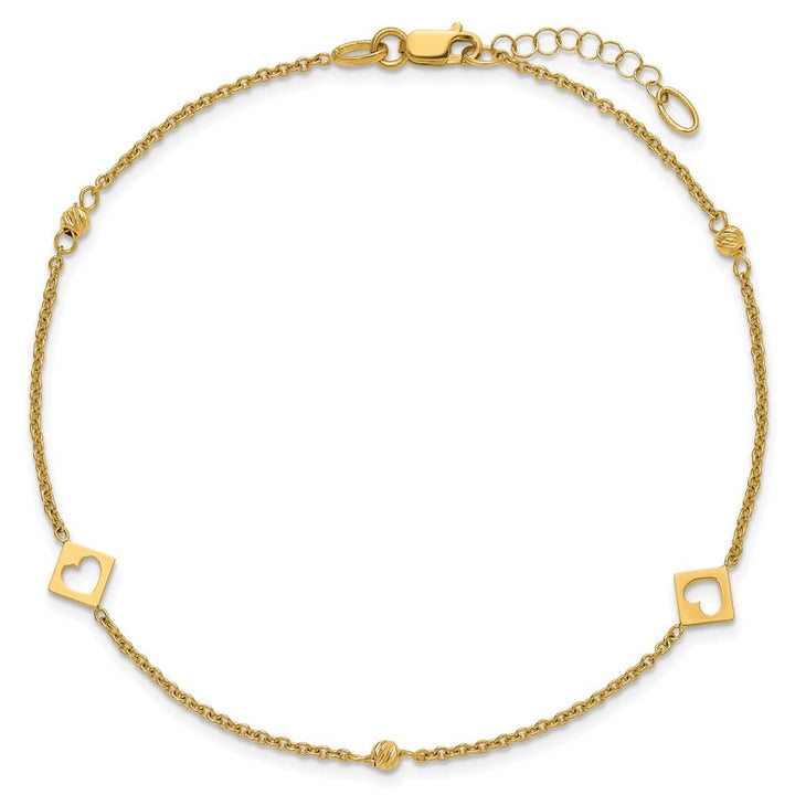 14K Yellow Gold Polished Cut-out Hearts and D.C. Beads Anklet