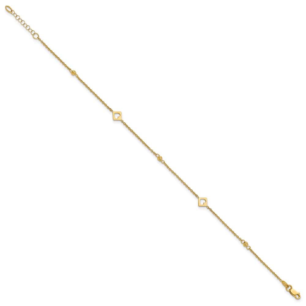 14K Yellow Gold Polished Cut-out Hearts and D.C. Beads Anklet