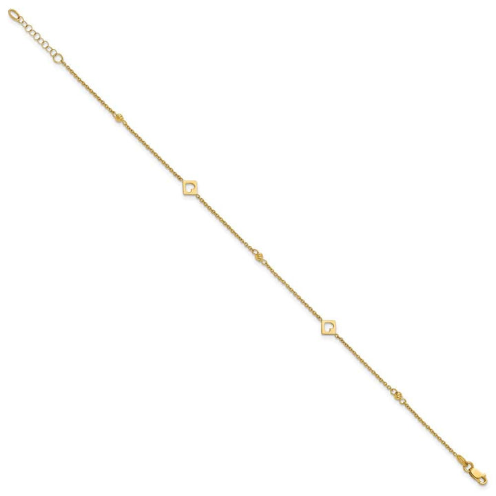 14K Yellow Gold Polished Cut-out Hearts and D.C. Beads Anklet