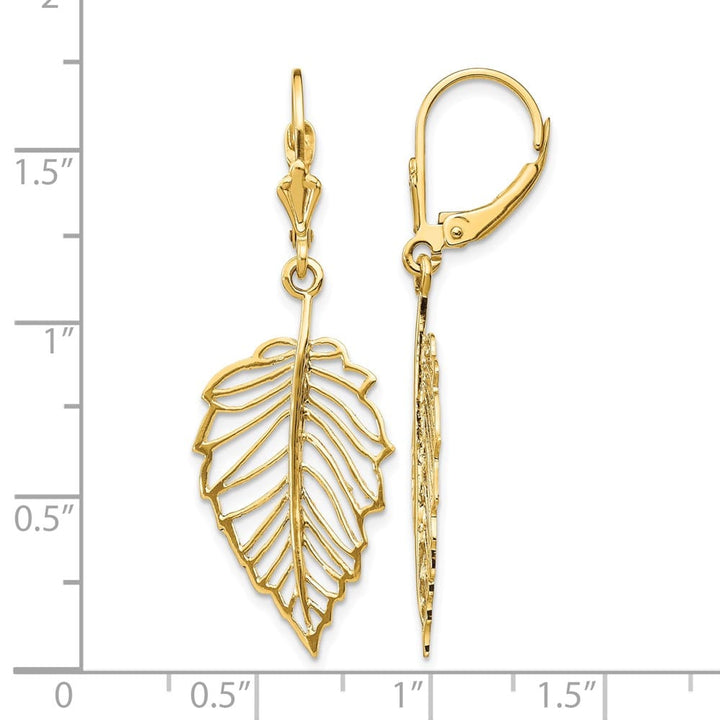 14K Yellow Gold Polished Cut-out Leaf Dangle Leverback Earrings, view 4 of 4