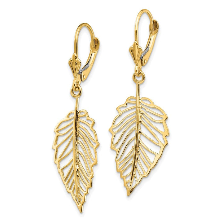 14K Yellow Gold Polished Cut-out Leaf Dangle Leverback Earrings, view 2 of 4