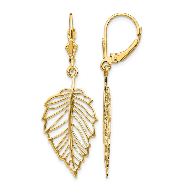 14K Yellow Gold Polished Cut-out Leaf Dangle Leverback Earrings, view 1 of 4