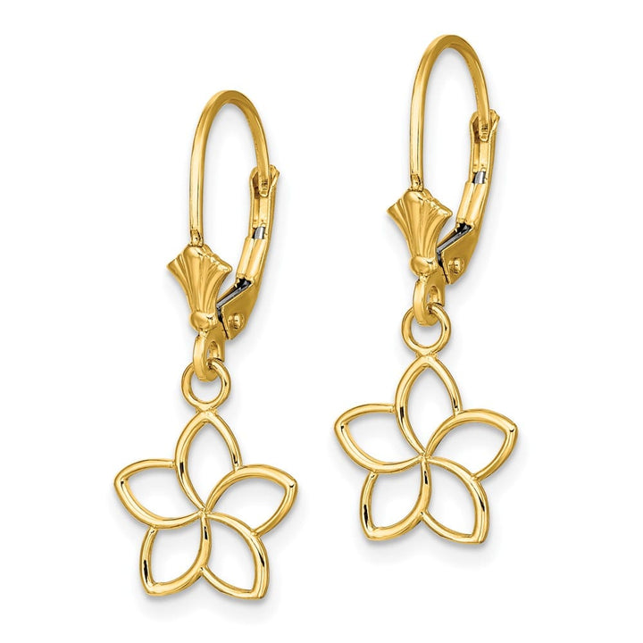 14K Yellow Gold Polished Cut-Out Plumeria Flower Leverback Earrings, view 2 of 4