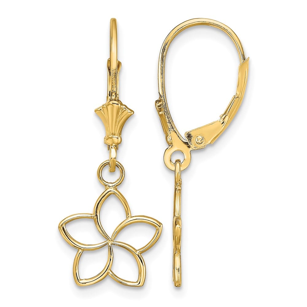 14K Yellow Gold Polished Cut-Out Plumeria Flower Leverback Earrings, view 1 of 4