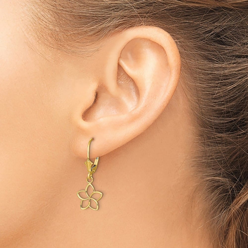 14K Yellow Gold Polished Cut-Out Plumeria Flower Leverback Earrings, view 3 of 4