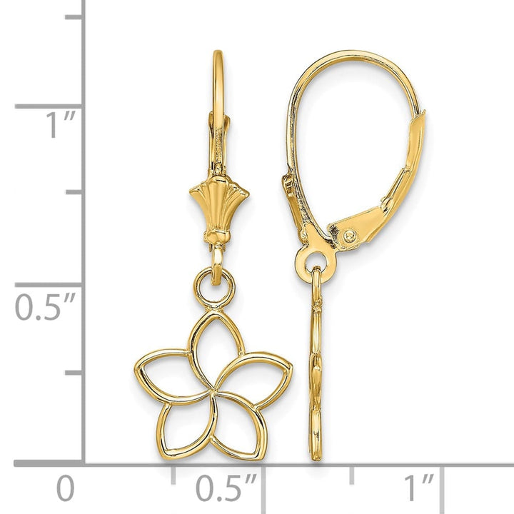 14K Yellow Gold Polished Cut-Out Plumeria Flower Leverback Earrings, view 4 of 4