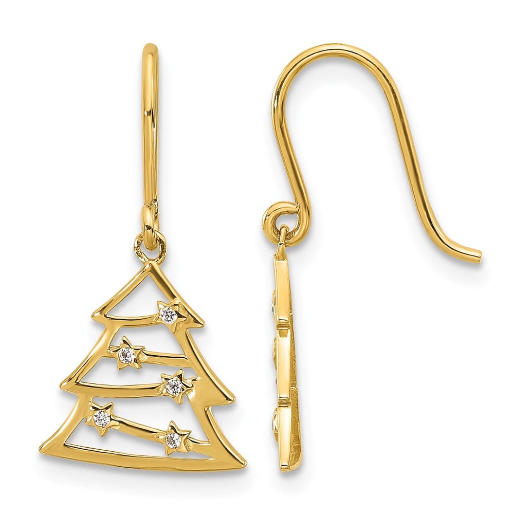 14K Yellow Gold Polished CZ Christmas Tree French Hook Dangle Earrings, view 1 of 5