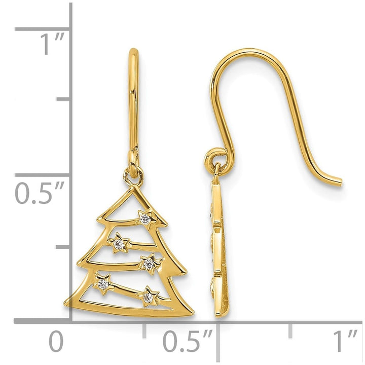 14K Yellow Gold Polished CZ Christmas Tree French Hook Dangle Earrings, view 4 of 5
