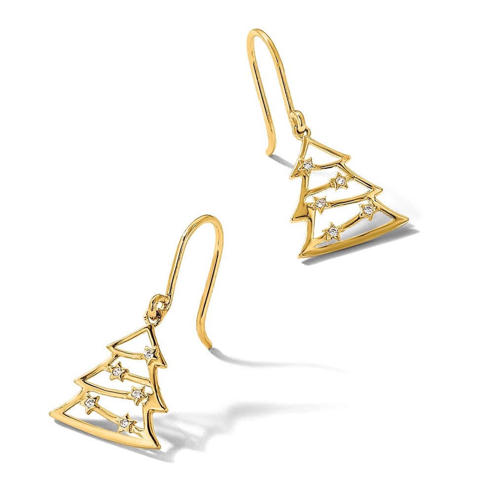 14K Yellow Gold Polished CZ Christmas Tree French Hook Dangle Earrings, view 5 of 5