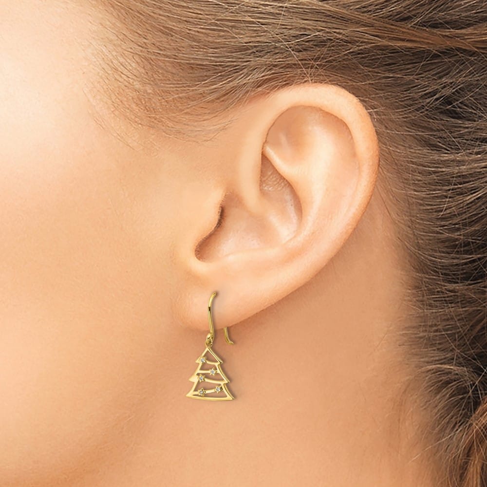 14K Yellow Gold Polished CZ Christmas Tree French Hook Dangle Earrings, view 3 of 5