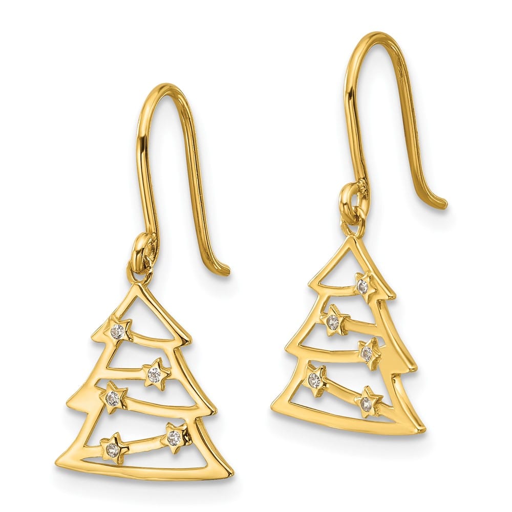 14K Yellow Gold Polished CZ Christmas Tree French Hook Dangle Earrings, view 2 of 5