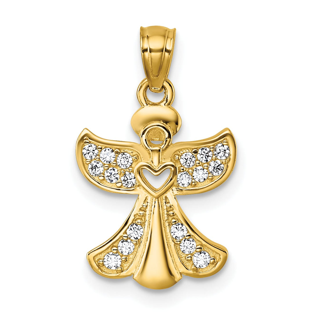 14K Yellow Gold Polished CZ Guardian Angel with Open Heart Pendant