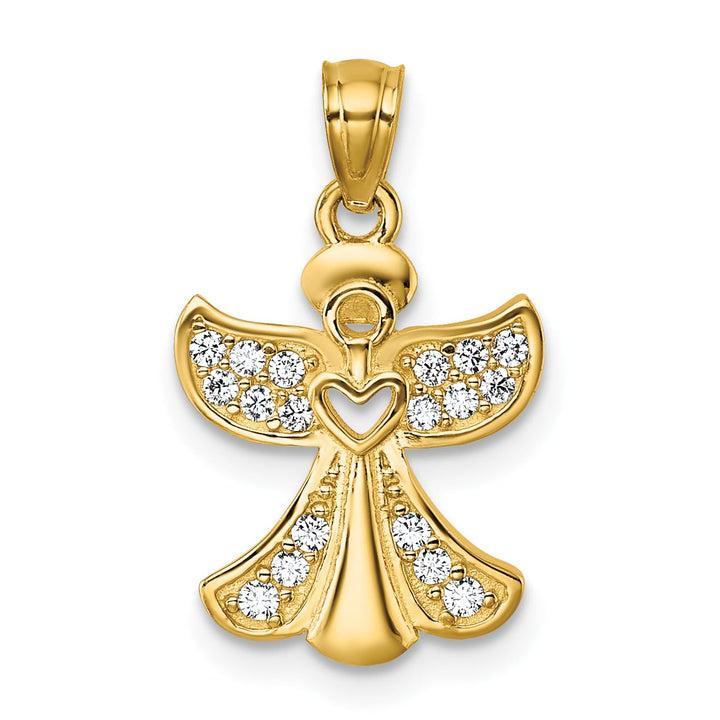 14K Yellow Gold Polished CZ Guardian Angel with Open Heart Pendant