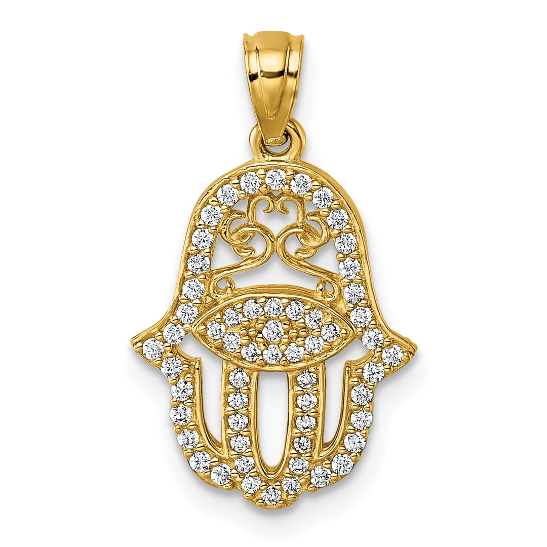 14K Yellow Gold Polished CZ Hamsa Hand Pendant