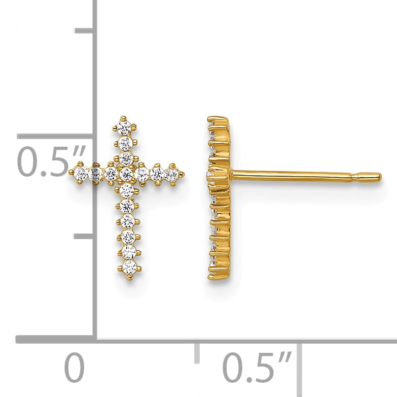 14K Yellow Gold Polished CZ Latin Cross Post Earrings