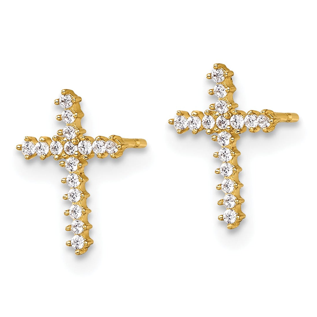 14K Yellow Gold Polished CZ Latin Cross Post Earrings