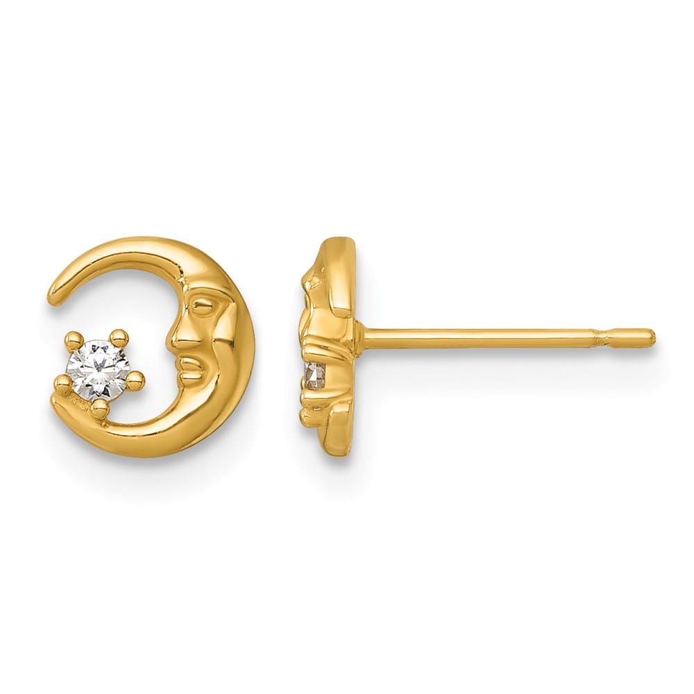 14K Yellow Gold Polished CZ Moon with Face and Star Post Earrings, view 1 of 3