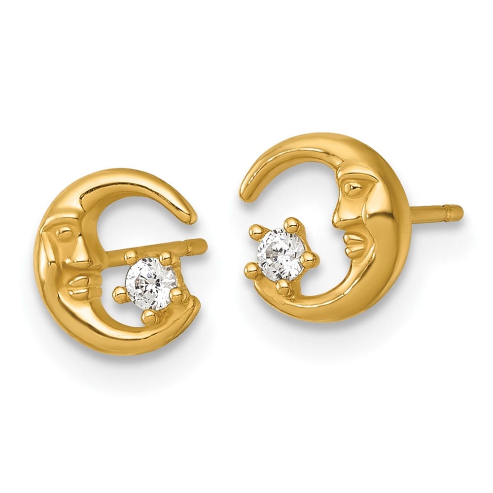 14K Yellow Gold Polished CZ Moon with Face and Star Post Earrings, view 2 of 3