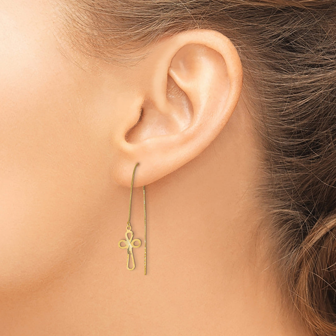 14K Yellow Gold Polished D.C. Box Chain with Cross Threader Earrings