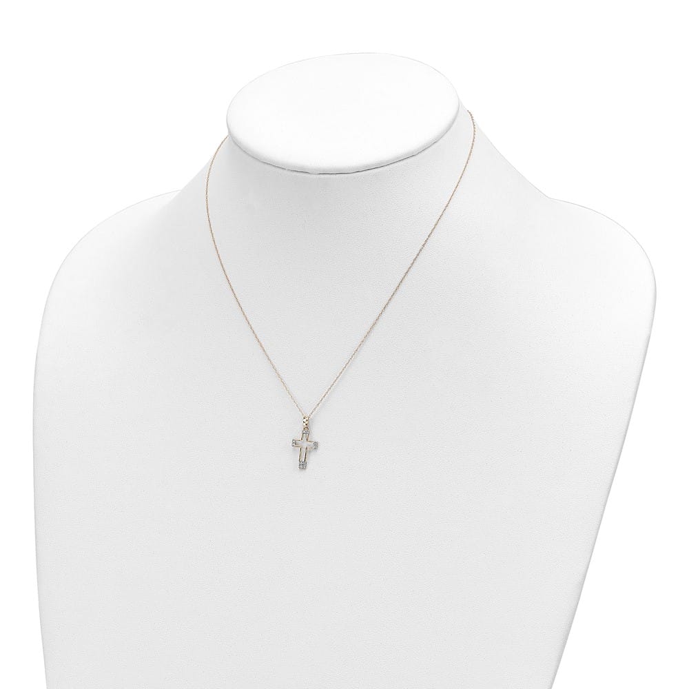 14K Yellow Gold Polished D.C. CZ Cross Pendant 16 inch Necklace