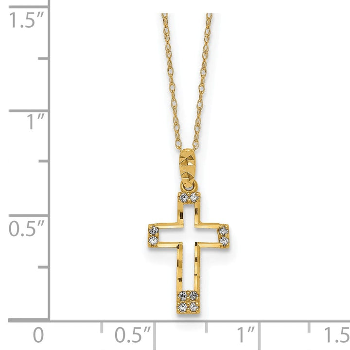14K Yellow Gold Polished D.C. CZ Cross Pendant 16 inch Necklace