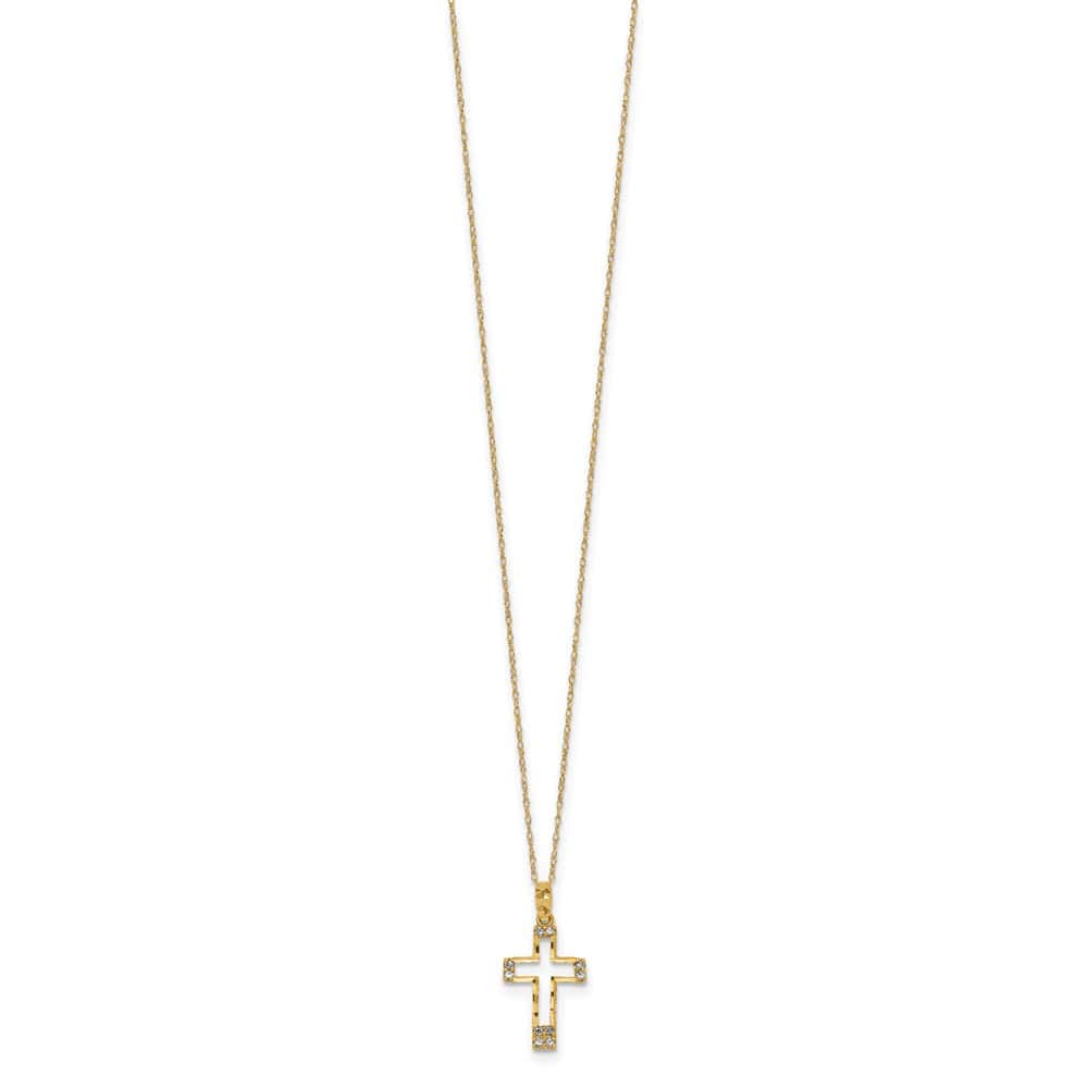 14K Yellow Gold Polished D.C. CZ Cross Pendant 16 inch Necklace
