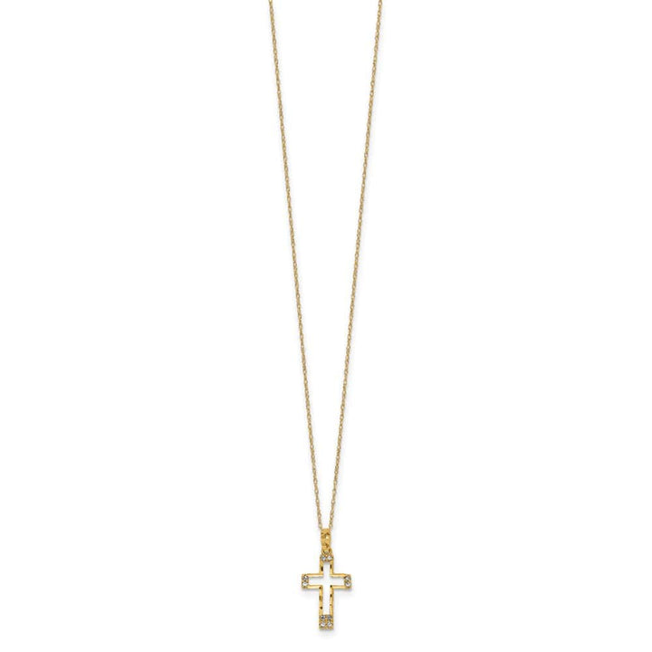 14K Yellow Gold Polished D.C. CZ Cross Pendant 16 inch Necklace