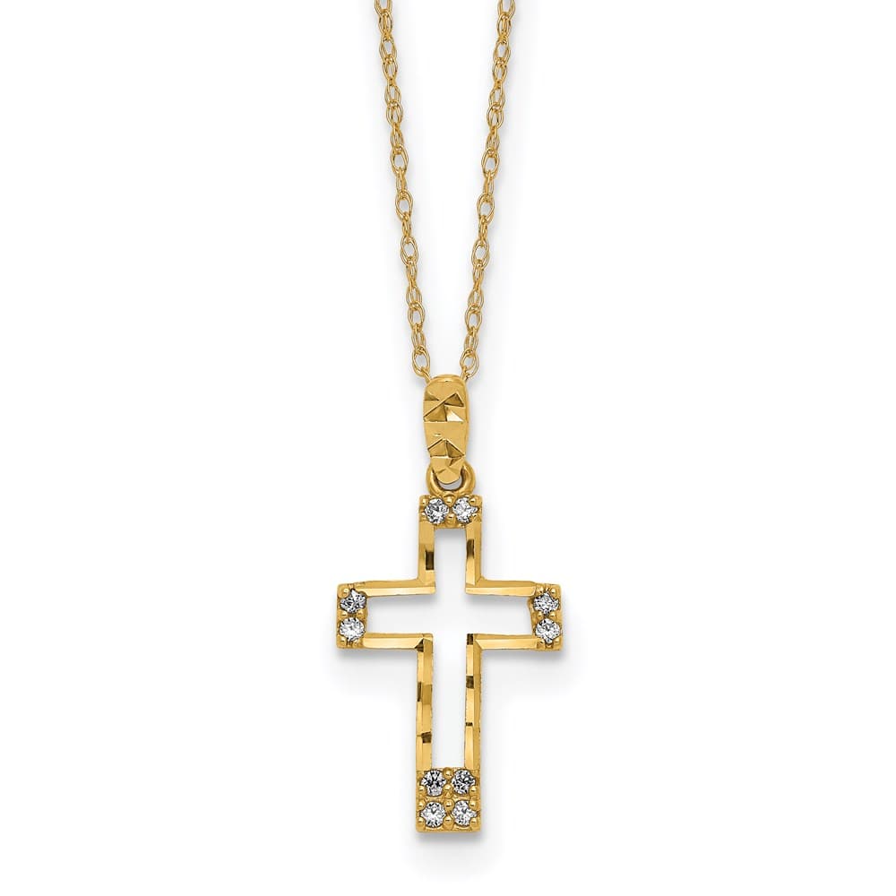 14K Yellow Gold Polished D.C. CZ Cross Pendant 16 inch Necklace