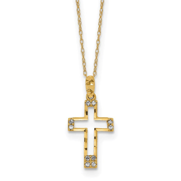 14K Yellow Gold Polished D.C. CZ Cross Pendant 16 inch Necklace