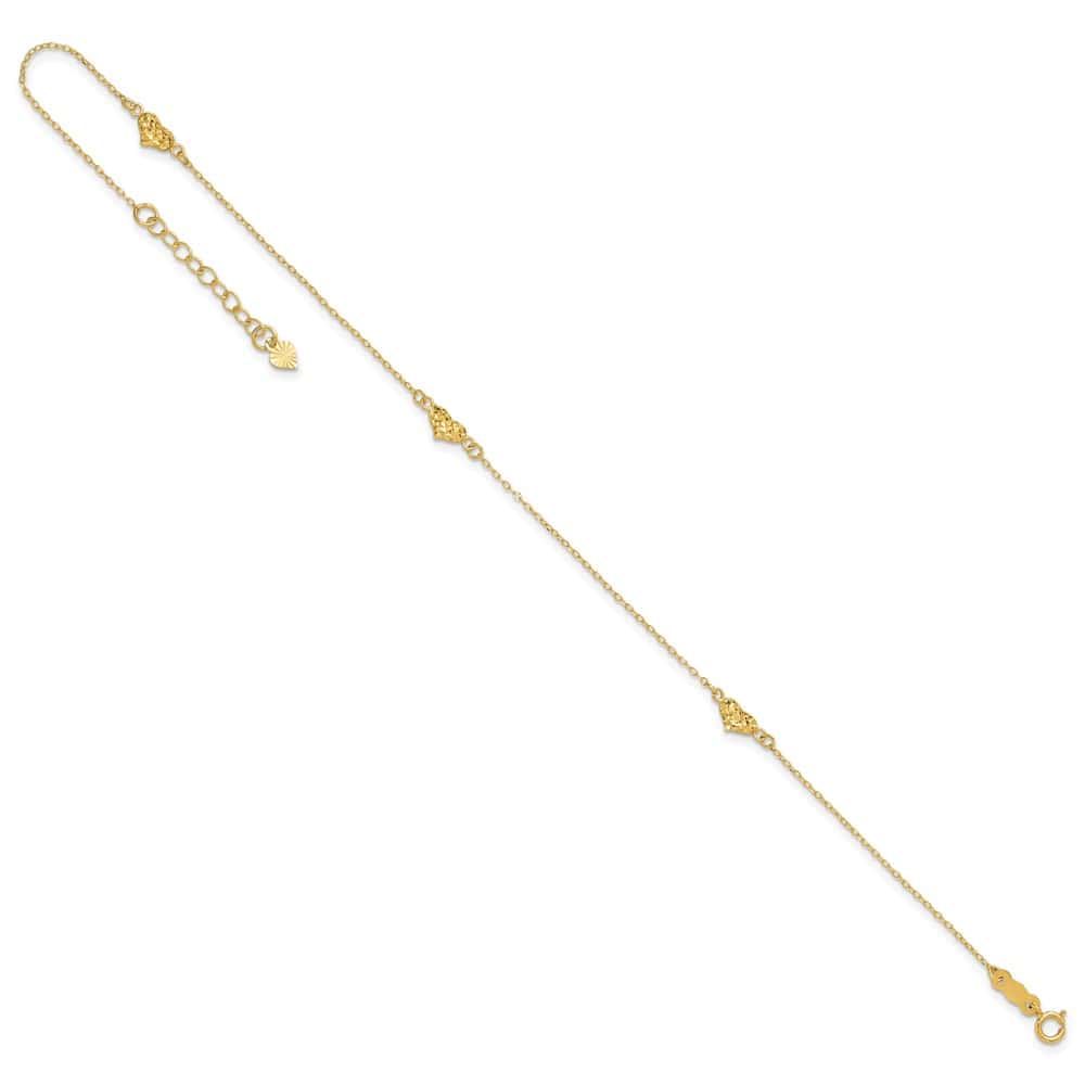 14K Yellow Gold Polished D.C. Triple Puffed Hearts 10 Inch Anklet