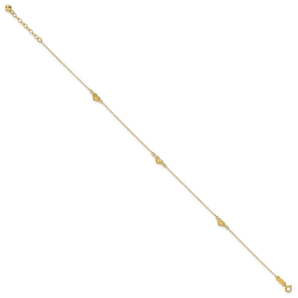 14K Yellow Gold Polished D.C. Triple Puffed Hearts 10 Inch Anklet