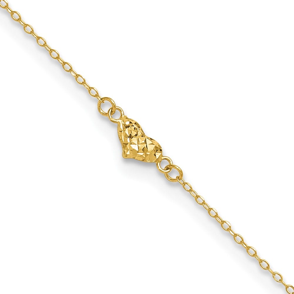 14K Yellow Gold Polished D.C. Triple Puffed Hearts 9 Inch Anklet — solid 14K yellow gold, 9 inches long, 1 inch extension, 0.5 mm wide, spring ring clasp, 0.88 g