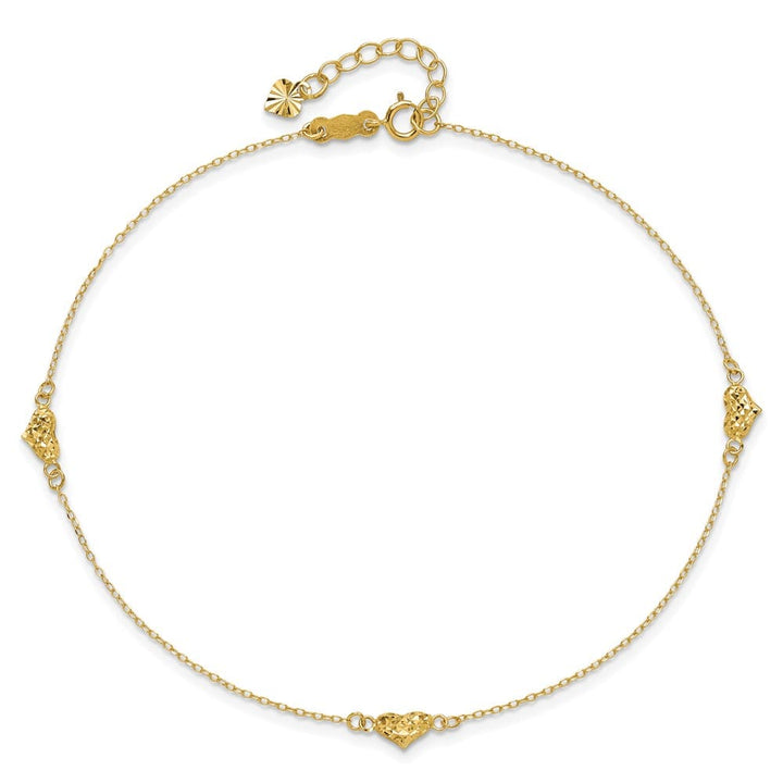14K Yellow Gold Polished D.C. Triple Puffed Hearts 9 Inch Anklet