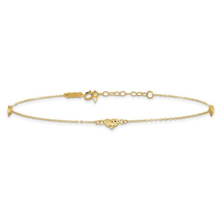 14K Yellow Gold Polished D.C. Triple Puffed Hearts 9 Inch Anklet