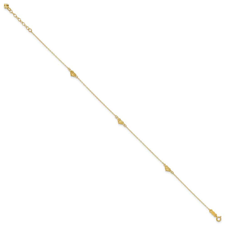 14K Yellow Gold Polished D.C. Triple Puffed Hearts 9 Inch Anklet