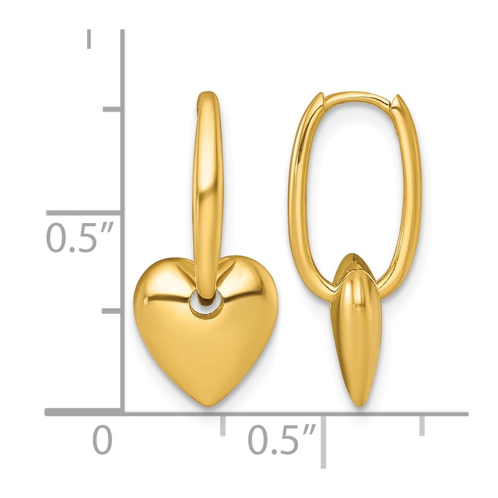 14K Yellow Gold Polished Dangle Puffed Heart Hinged Hoop Earrings, view 3 of 3