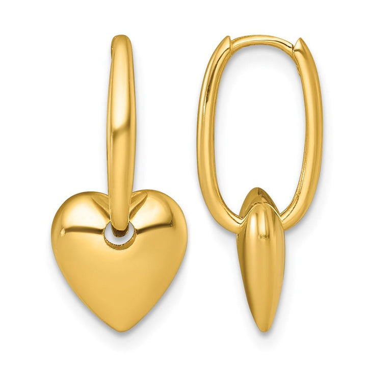 14K Yellow Gold Polished Dangle Puffed Heart Hinged Hoop Earrings, view 1 of 3