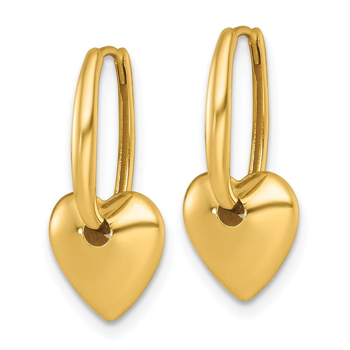 14K Yellow Gold Polished Dangle Puffed Heart Hinged Hoop Earrings, view 2 of 3