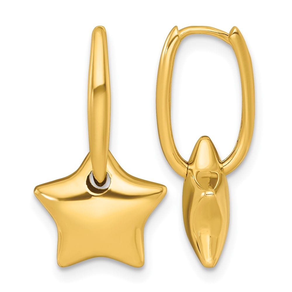 14K Yellow Gold Polished Dangle Puffed Star Hinged Hoop Earrings, view 1 of 3