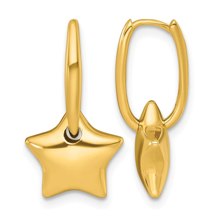 14K Yellow Gold Polished Dangle Puffed Star Hinged Hoop Earrings, view 1 of 3